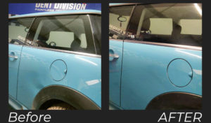 Blue Mini Round dent before and after PDR