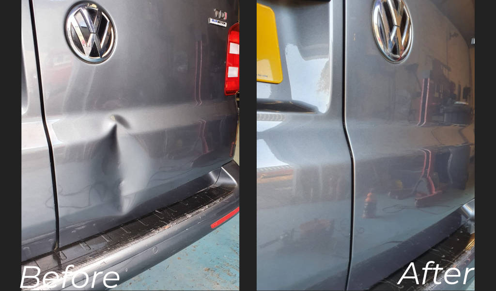 Silver VW Van extreme dent before and after